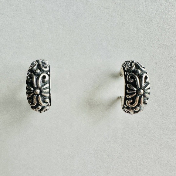 Unbranded Jewelry - Vintage 925 Sterling Silver Earrings Hoop Floral Ornament Filigree